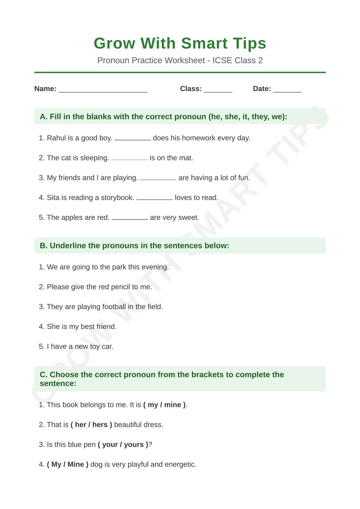 Class 2 ICSE Pronouns worksheets