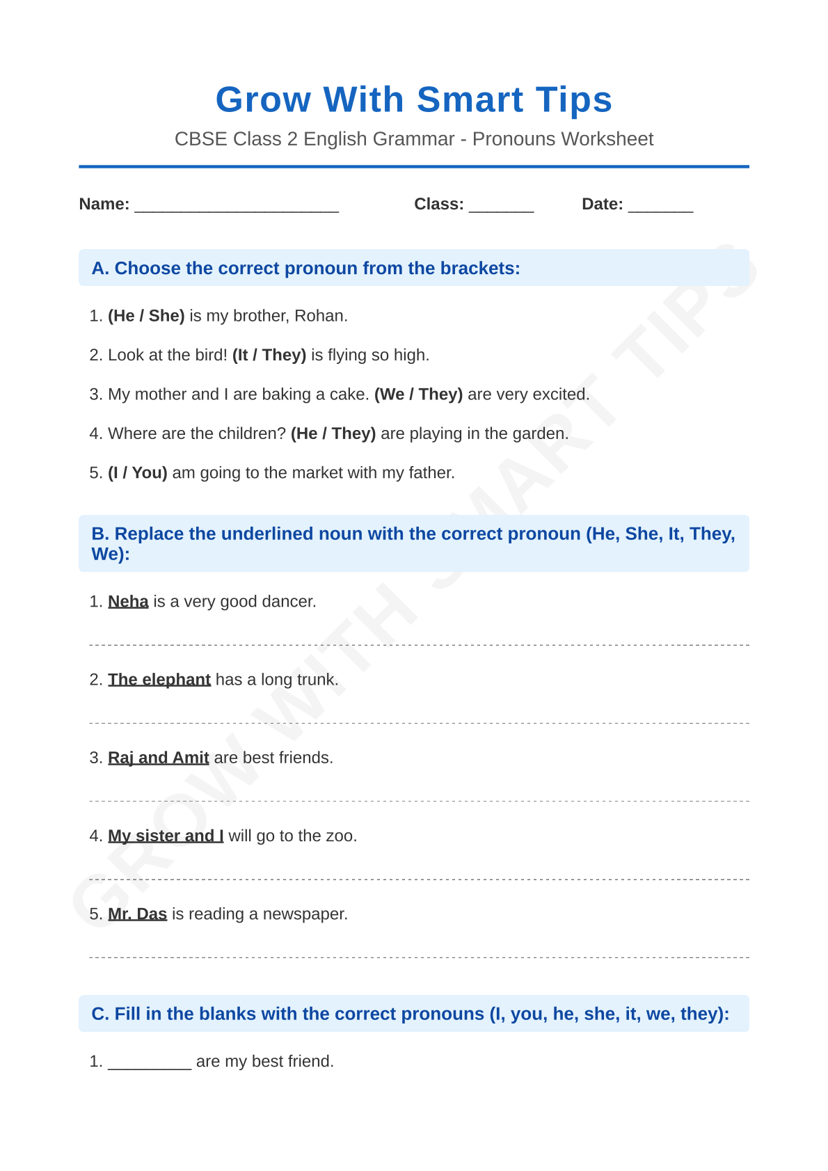 Class 2 CBSE Pronoun worksheets