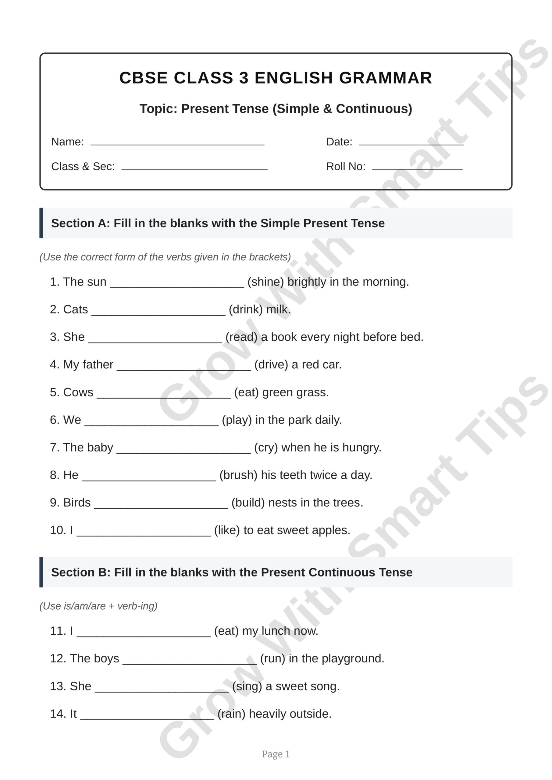 CBSE Class Present Tense Worksheet images