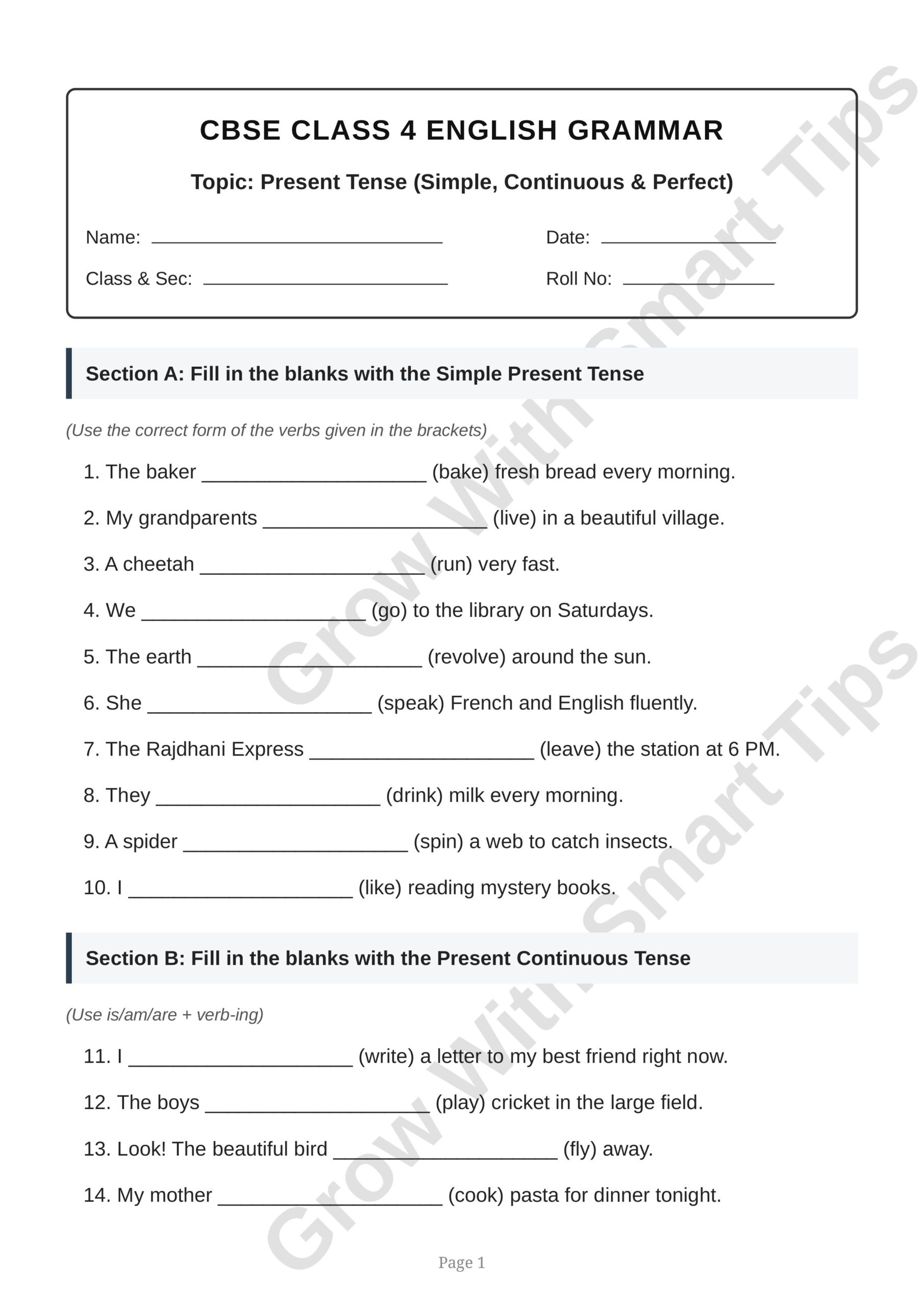 CBSE Class Present Tense Worksheet () images