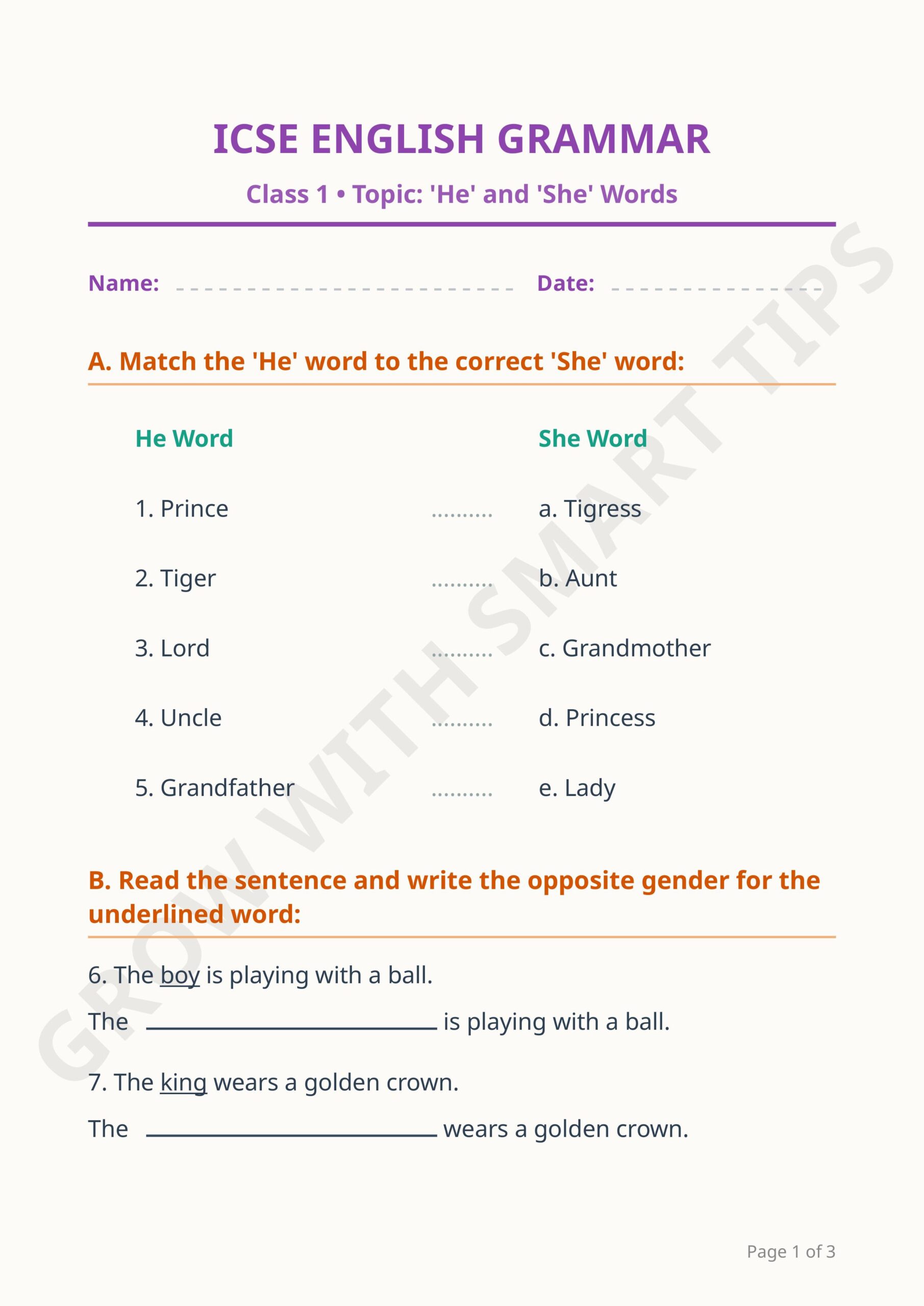 Class ICSE Gender Worksheet images