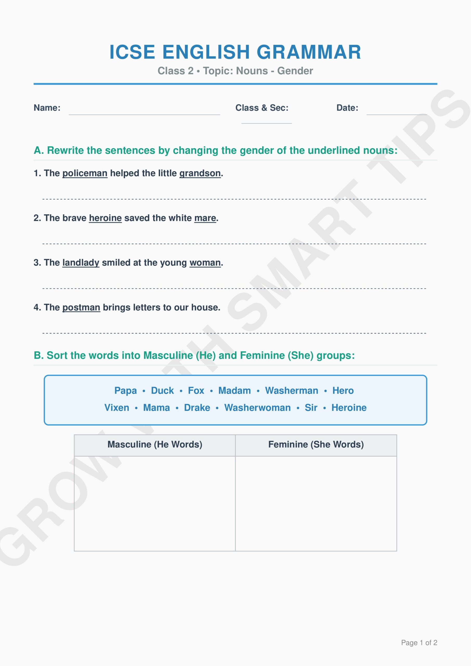 Class ICSE Gender Worksheet images