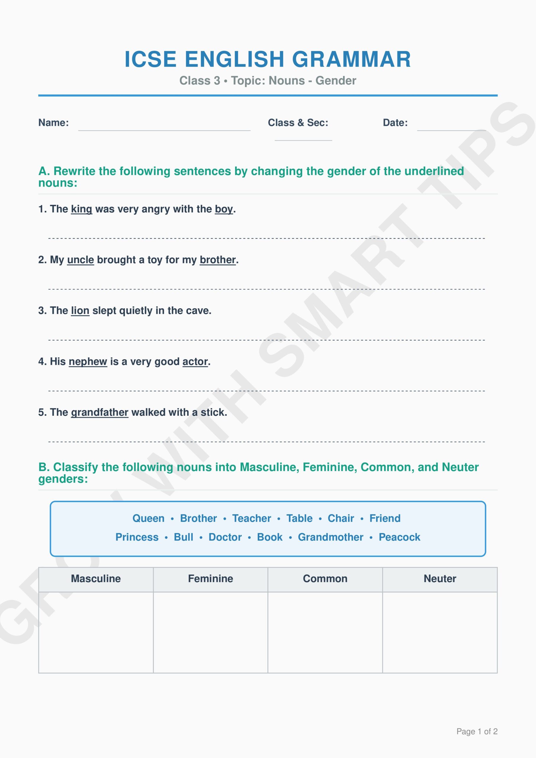 Class ICSE Gender Worksheet () images