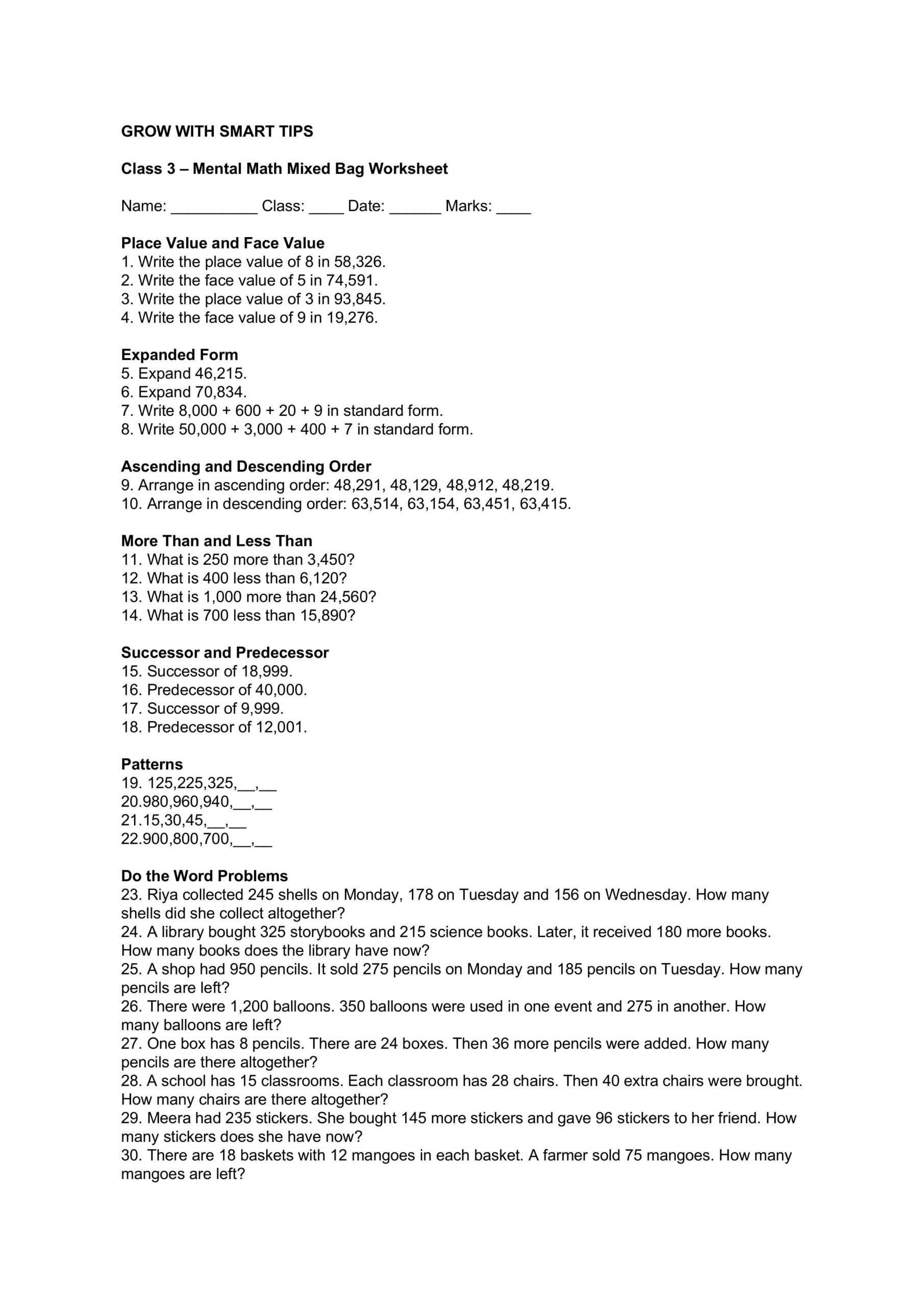 Class_3_Mental_Math_Mixed_Bag_Worksheet 1