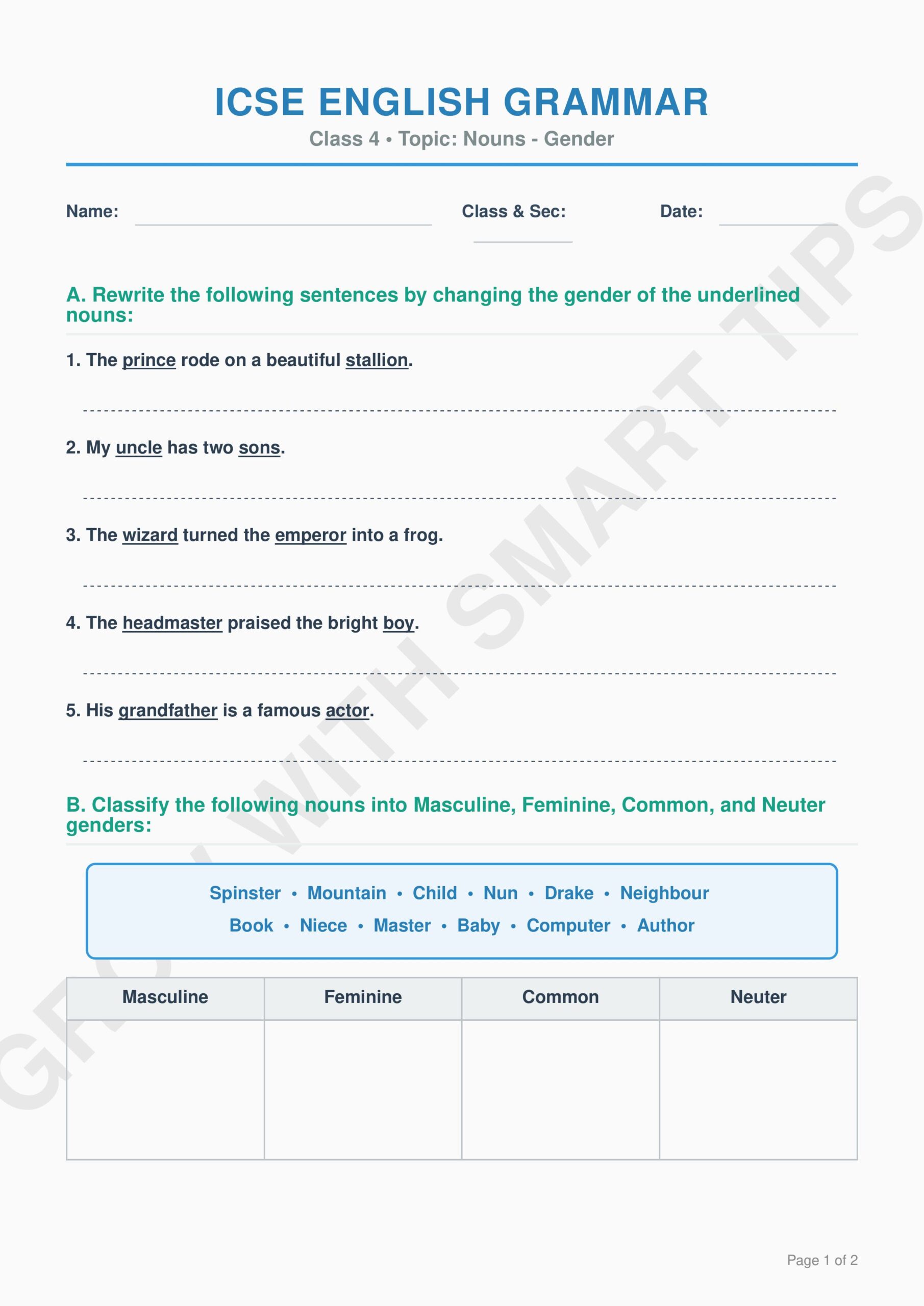 Class ICSE Gender Worksheet () images ()