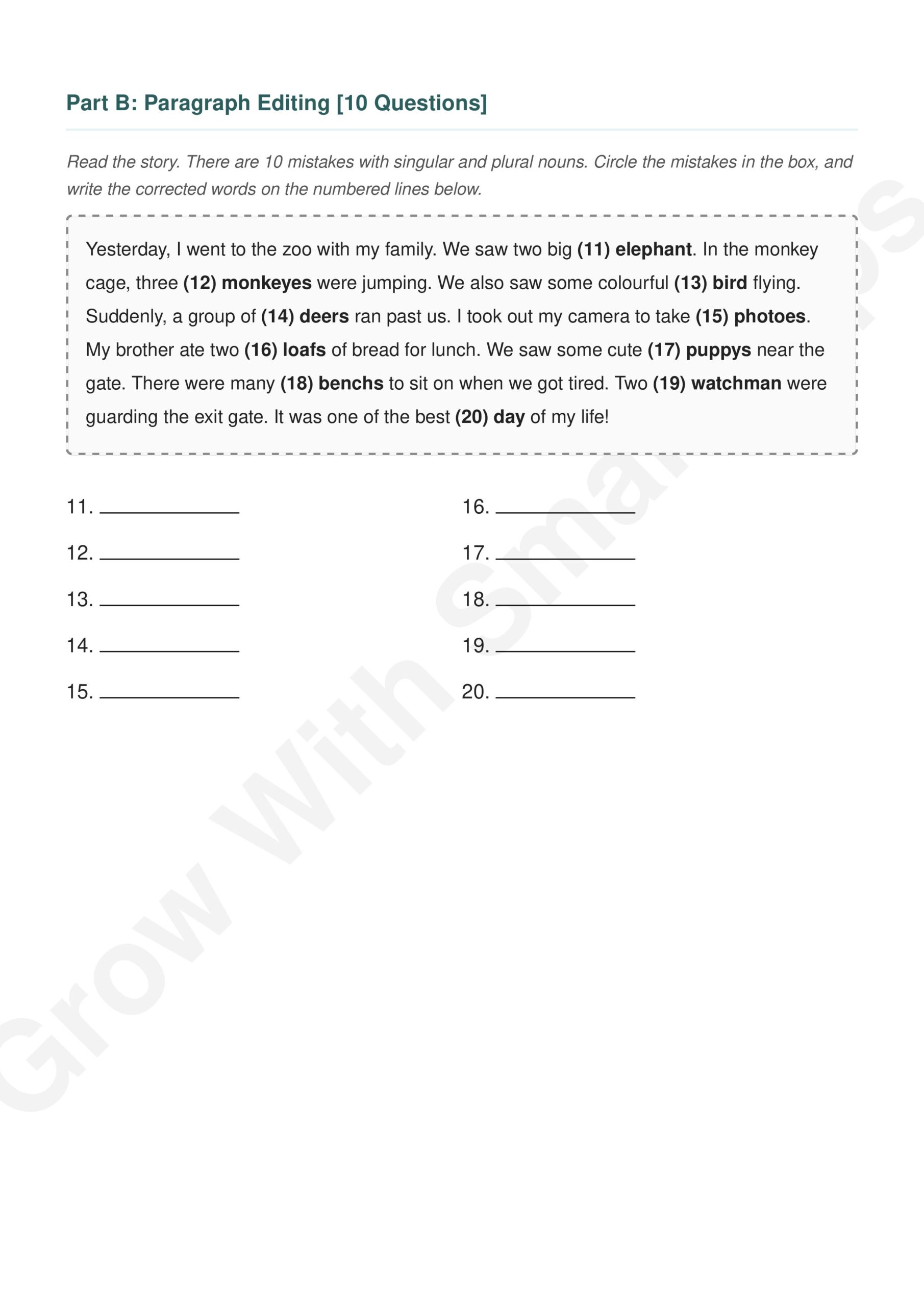 Grow With Smart Tips Class Grammar Application Singular Plural worksheets
