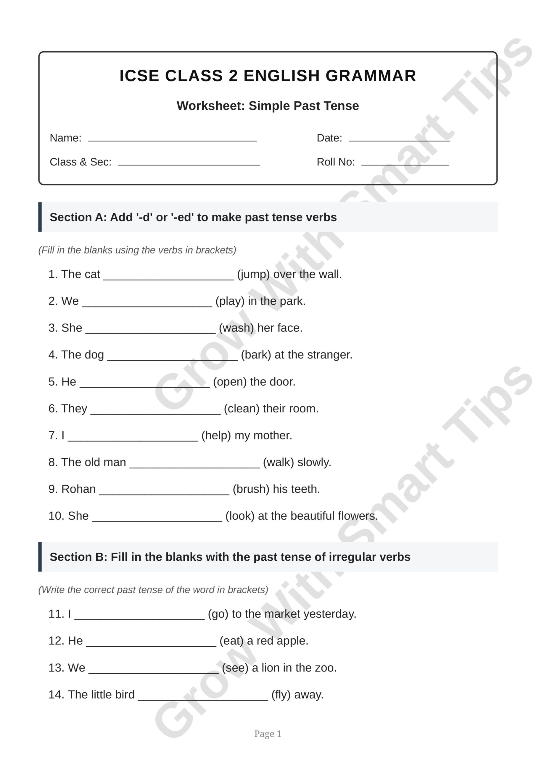 ICSE Class Past Tense Worksheet images