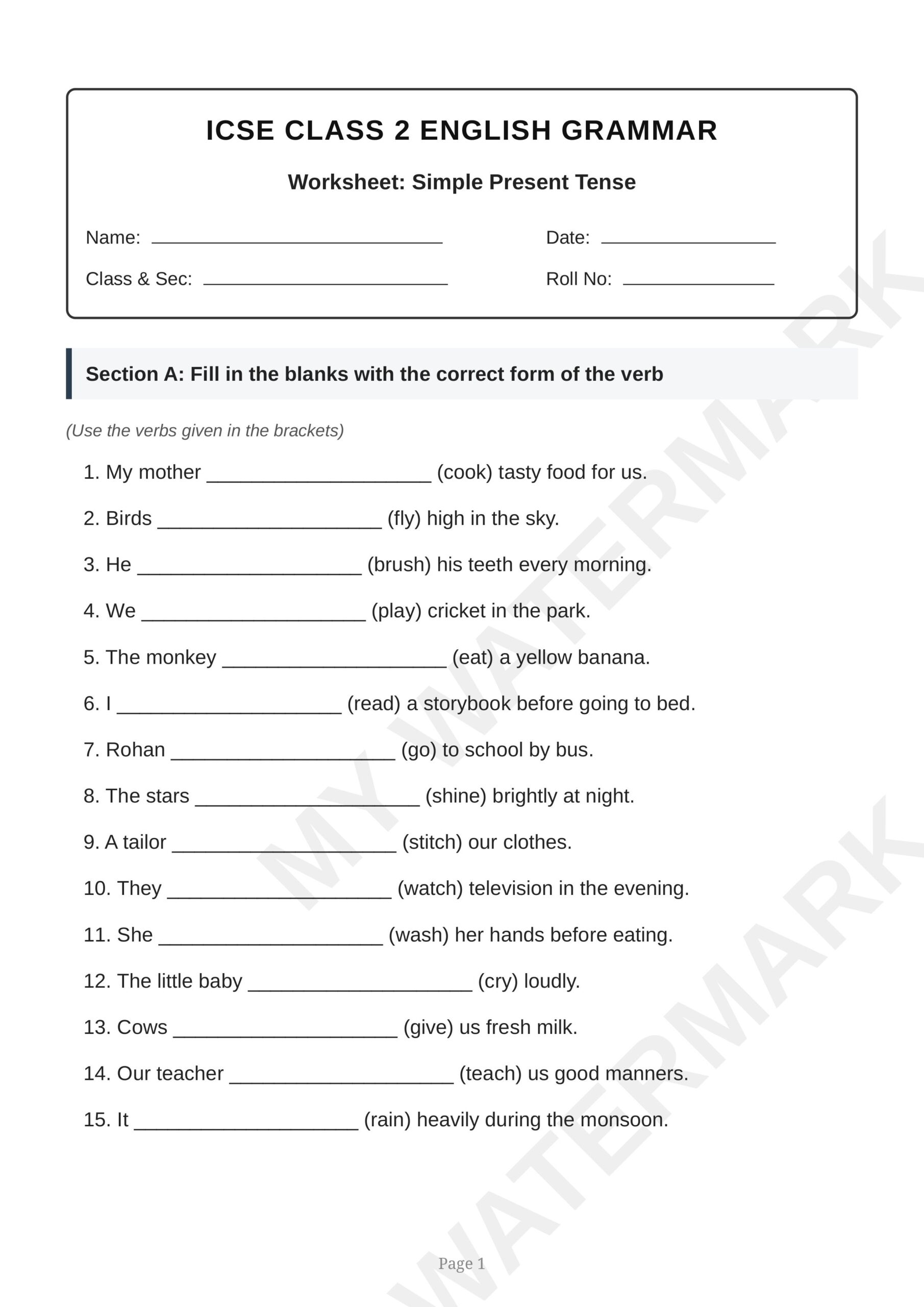 ICSE Class Simple Present Worksheet images