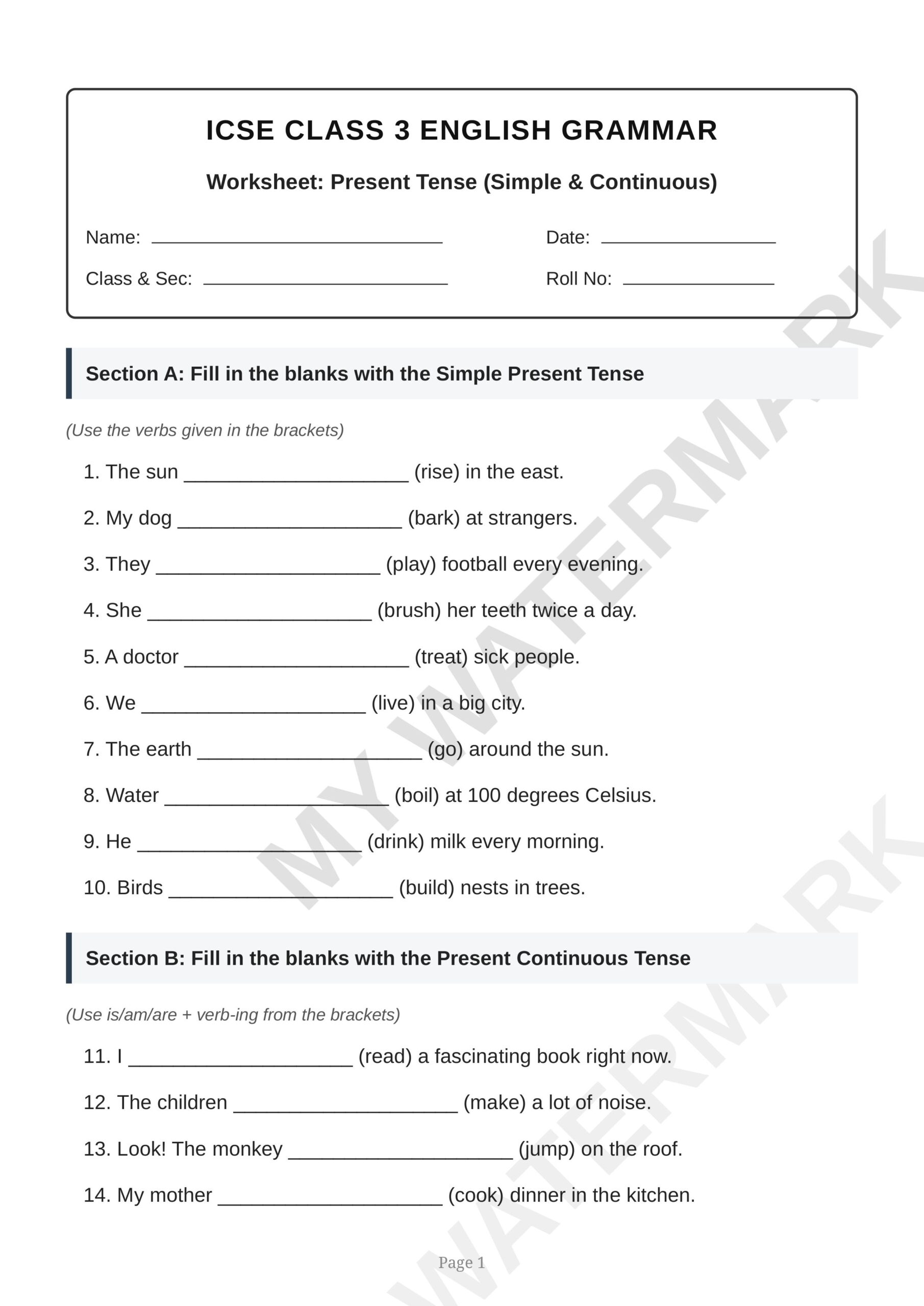 ICSE Class Present Tense Worksheet images