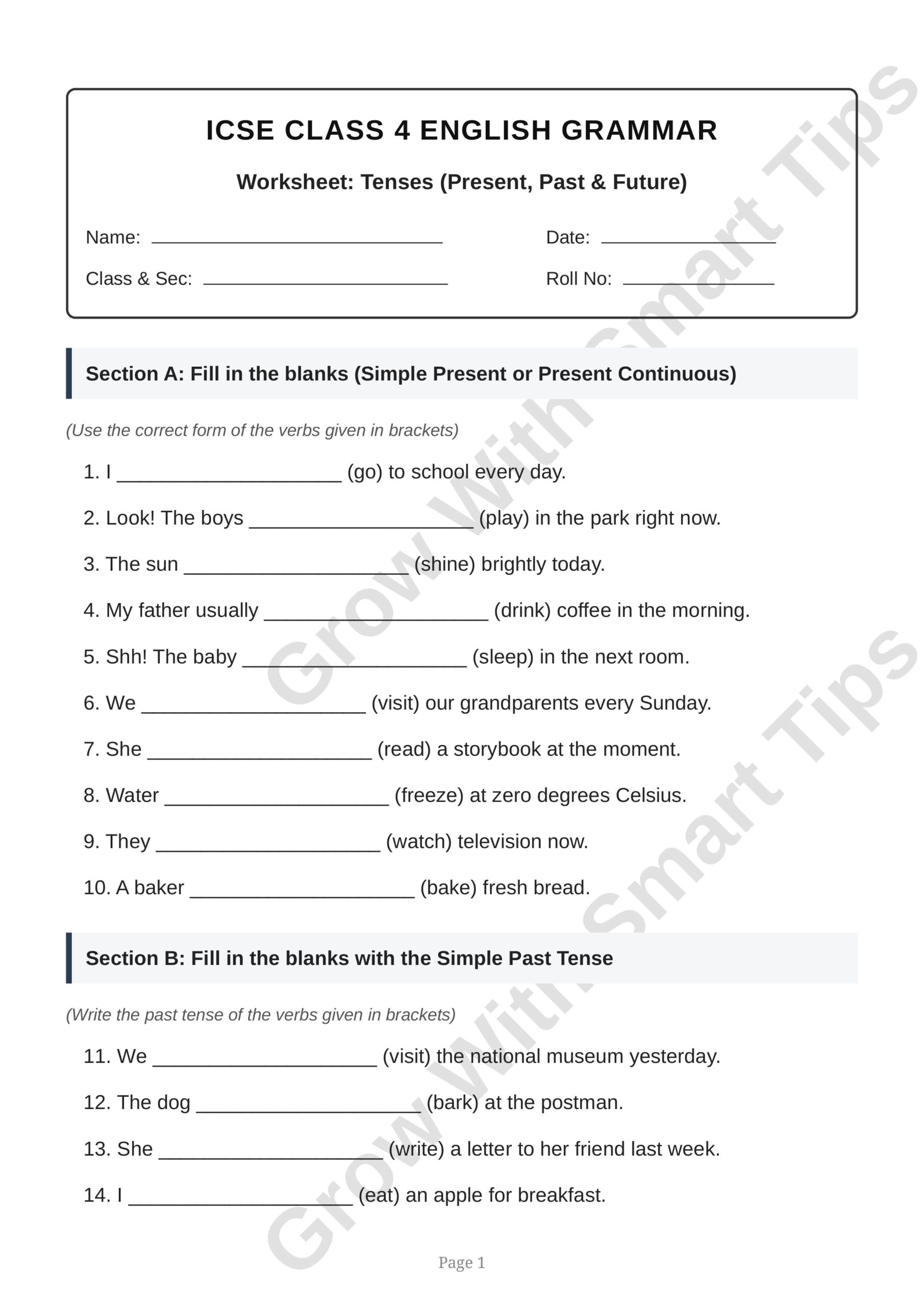 ICSE Class Tenses Worksheet images