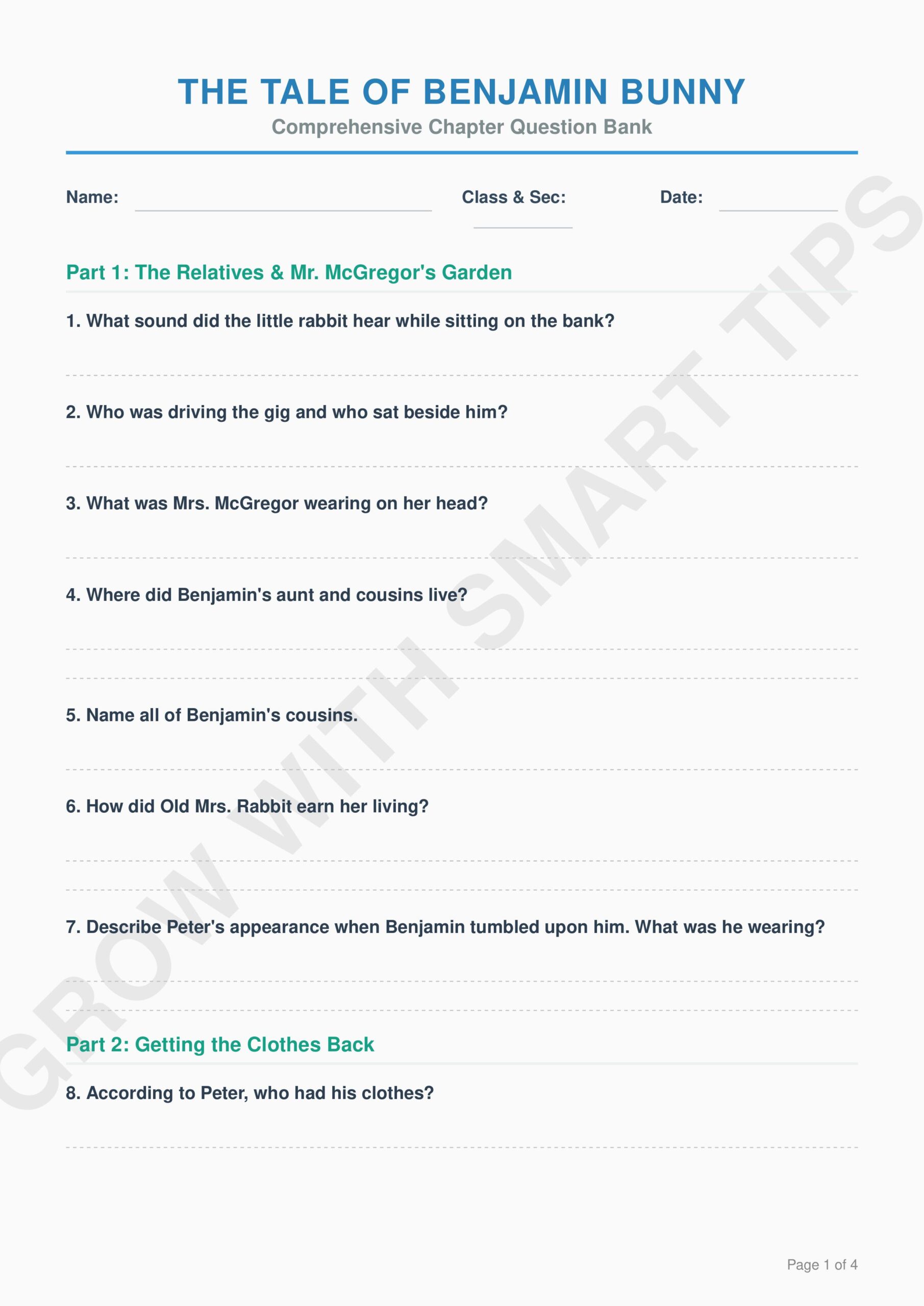 The Tale of Benjamin Bunny Worksheets